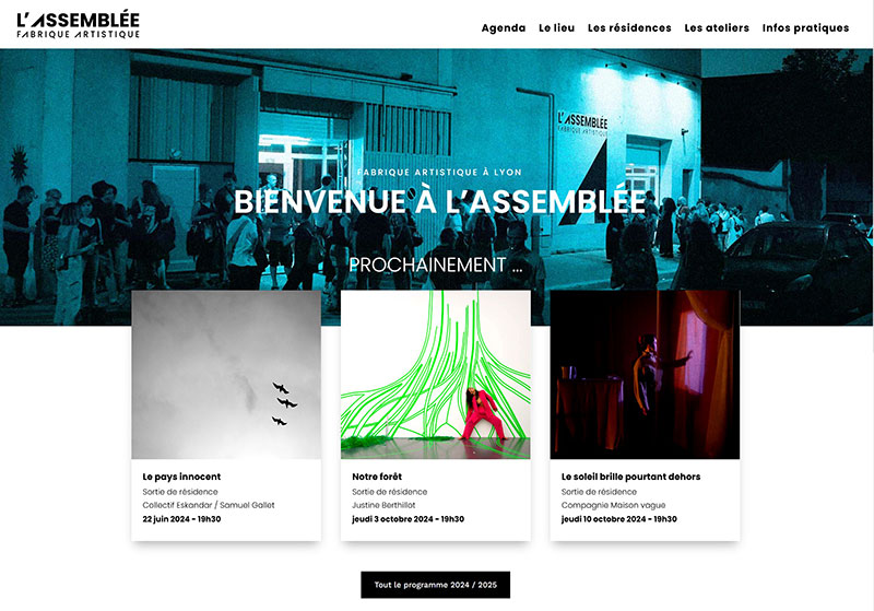 Copie d'écran du nouveau site web de l'Assemblée, théâtre à Lyon. La refonte du site permet de mettre en avant 3 évènements culturels.